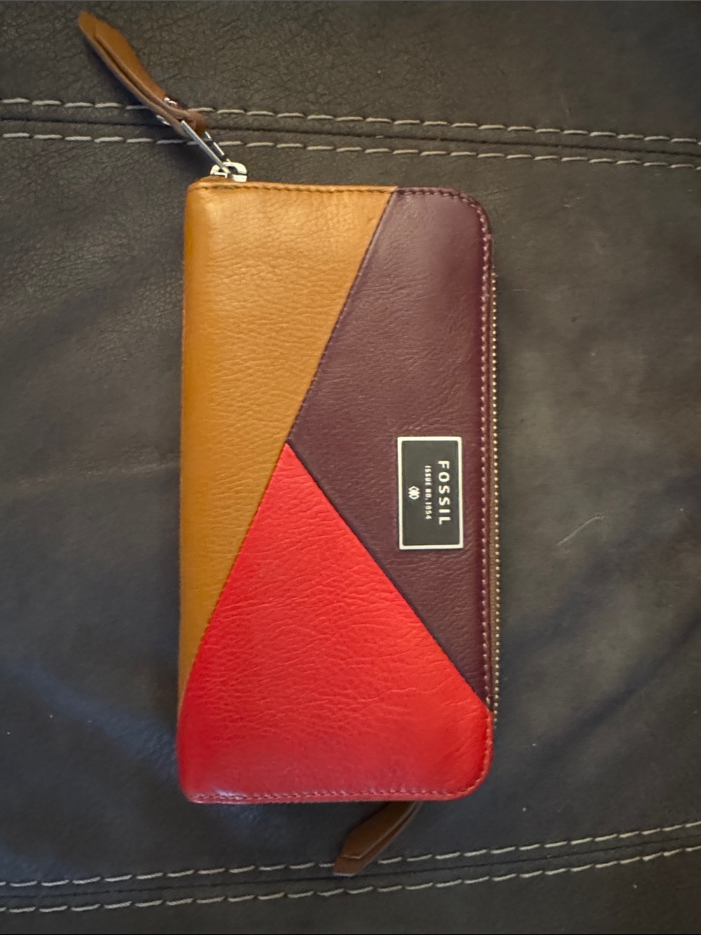 Fossil Colorblock Leather Zip Wallet in Red, Brown, Burgundy
